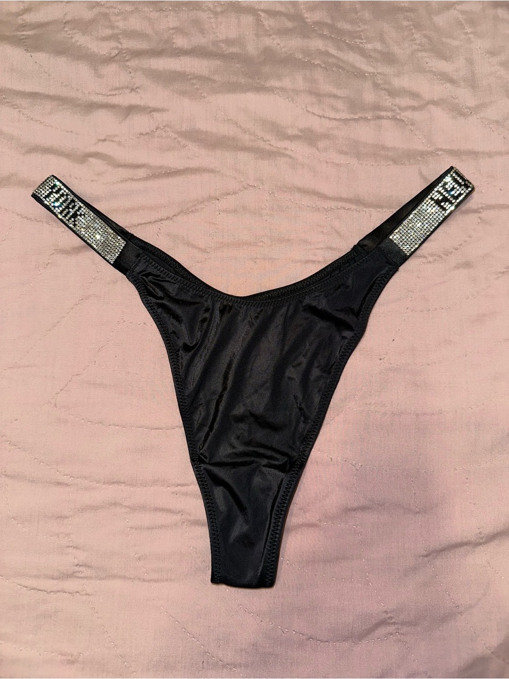 Black “New York” Rhinestone-Strap Thong